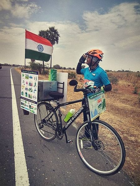He has cycled nearly 6,000 km in over 100 days, conducting seminars about global warming in schools and colleges.