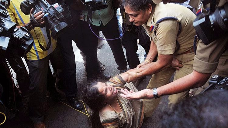 Jishnu’s mother and other relatives were manhandled and forcibly dragged away from the DGP’s office on Wednesday. (Photo: The News Minute)