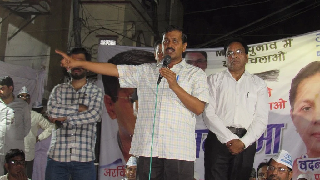 Delhi Chief Minister and Aam Aadmi Party chief Arvind Kejriwal addresses during a rally at Gandhi Nagar constituency in New Delhi on 1 April 2017. (Photo: IANS)