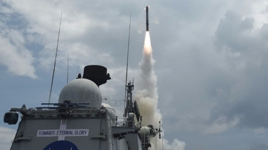 Land-attack version of BrahMos supersonic cruise missile being test fired for the first time from Teg, an Indian Naval ship, off the eastern coast, at a land target. (Photo: IANS/Indian Navy)