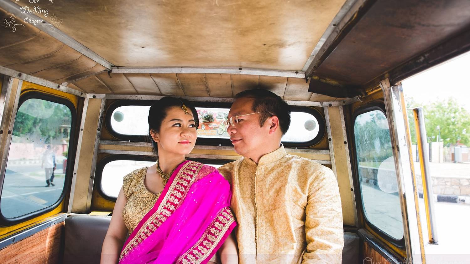 Ling and Zhang, a couple from China posing for their desi photoshoot. (Photo Courtesy: Our Wedding Chapter)