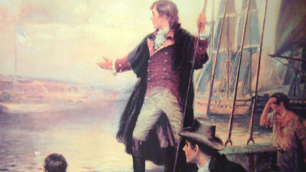 Francis Scott Key with his compatriots Colonel John Skinner and Dr William Beanes spy the American flag waving above Baltimore’s Fort Mc Henry. (Photo Courtesy: <a href="https://en.wikipedia.org/wiki/William_Beanes#/media/File:By_Dawn%27s_Early_Light_1912.png">Wikipedia</a>)