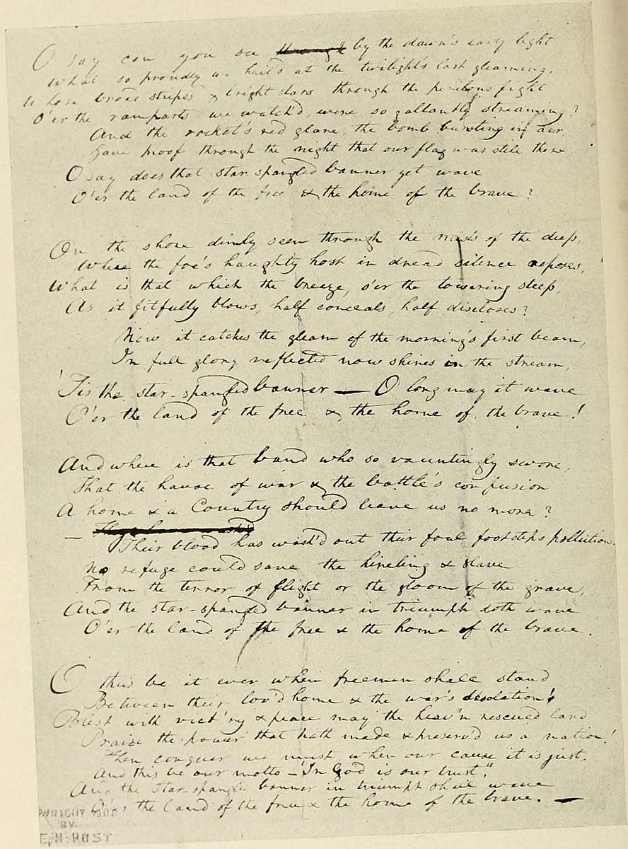 Francis Scott Key’s original manuscript copy of his ‘Star-Spangled Banner’ poem. It is now on display at the Maryland Historical Society. (Photo Courtesy:<a href="https://en.wikipedia.org/wiki/File:KeysSSB.jpg"> Wikipedia</a>)