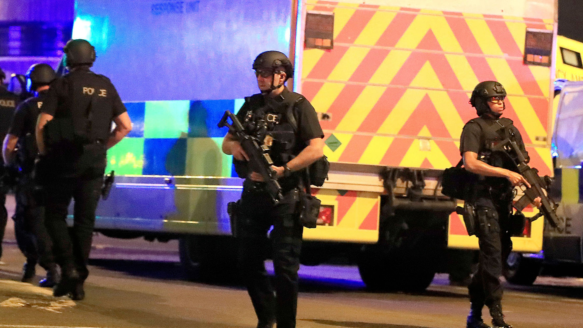 Armed policemen near  Manchester Arena where an explosion took place during an Ariana Grande concert on 22 May. (Photo Courtesy: Peter Byrne/AP)
