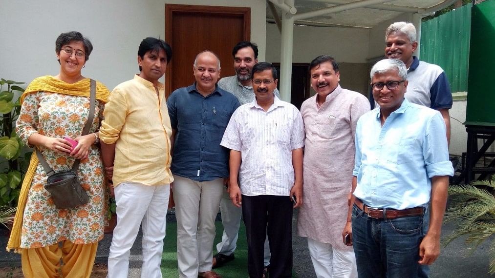 The AAP members, including Arvind Kejriwal (centre) and Kumar Vishwas (second from left) after the PAC meeting. (Photo Courtesy: Twitter/<a href="https://twitter.com/vikaskyogi">Vikas Yogi</a>)