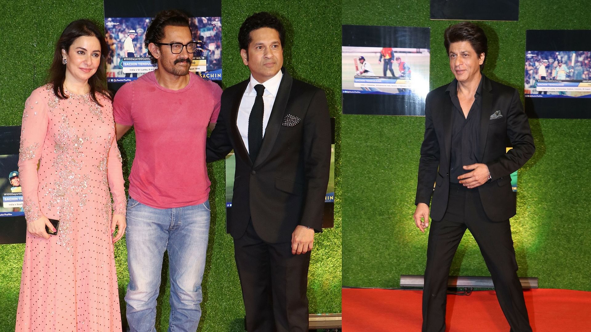 Aamir Khan with Sachin and Anjali Tendulkar; Shah Rukh Khan at the <i>Sachin: A Billion Dreams </i>premiere. (Photo: Yogen Shah)