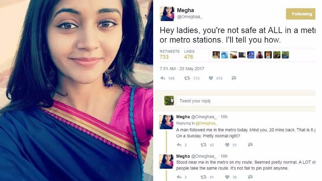 In a Twitter thread, Megha narrated how she was followed and physically tackled by a man at a metro station in Delhi. (Photo Courtesy: Twitter/<a href="https://twitter.com/Omeghaa_">Megha</a>)
