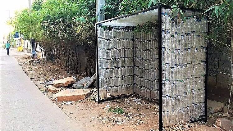 

The bus shelter is made entirely out of plastic bottles. (Photo: The News Minute)