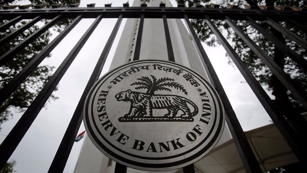 The Reserve Bank of India (RBI) seal on a gate outside the RBI headquarters in Mumbai.