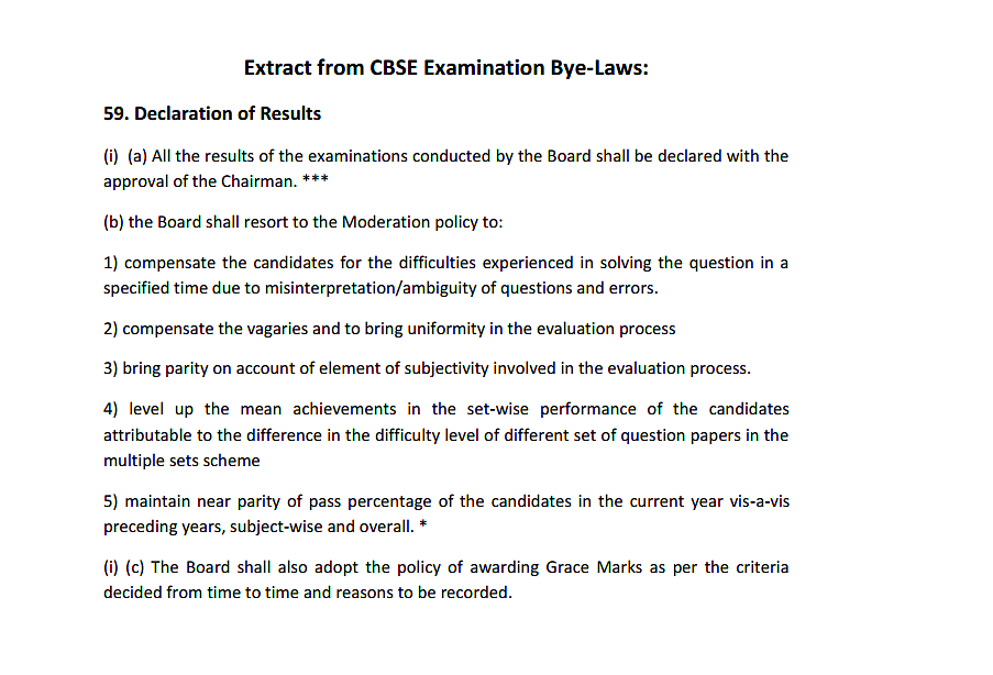 An extract of CBSE’s moderation policy from the board’s bye-laws. (Photo Courtesy: CBSE)