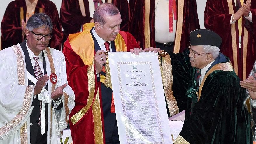 Chancellor Lt Gen (Retd) MA Zaki confers honorary doctorate degree to Turkish President Recep Tayyip Erdogan at a special convocation at Jamia Millia Islamia University in New Delhi on Monday. (Photo: PTI)