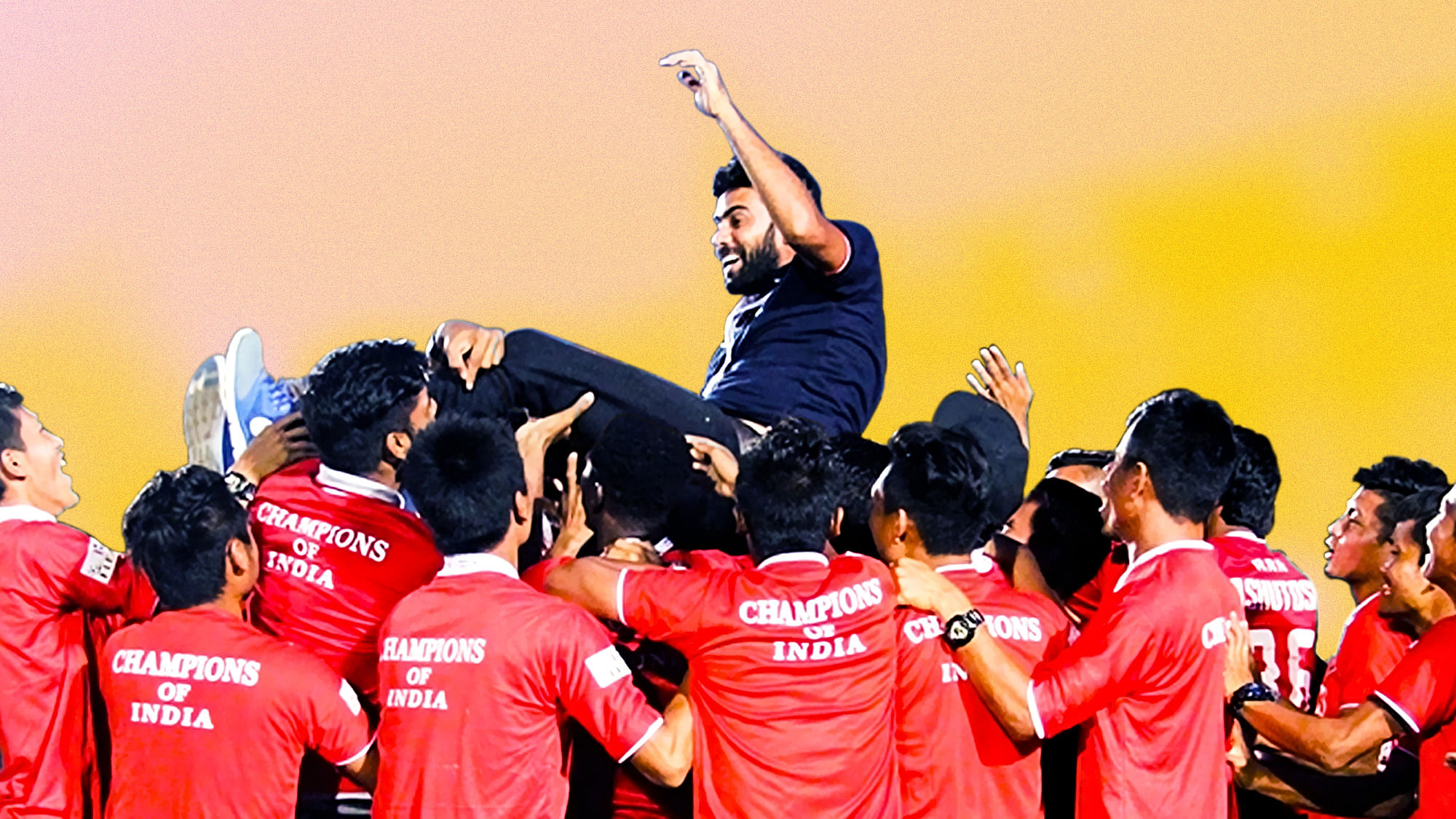 As Aizwal FC celebrated the win, one man watched from the sidelines. Just a year after being thrown out of a club, Khalid Jamil was back up on top. (Photo: Lal Zarzova/Altered by <b>The Quint</b>)