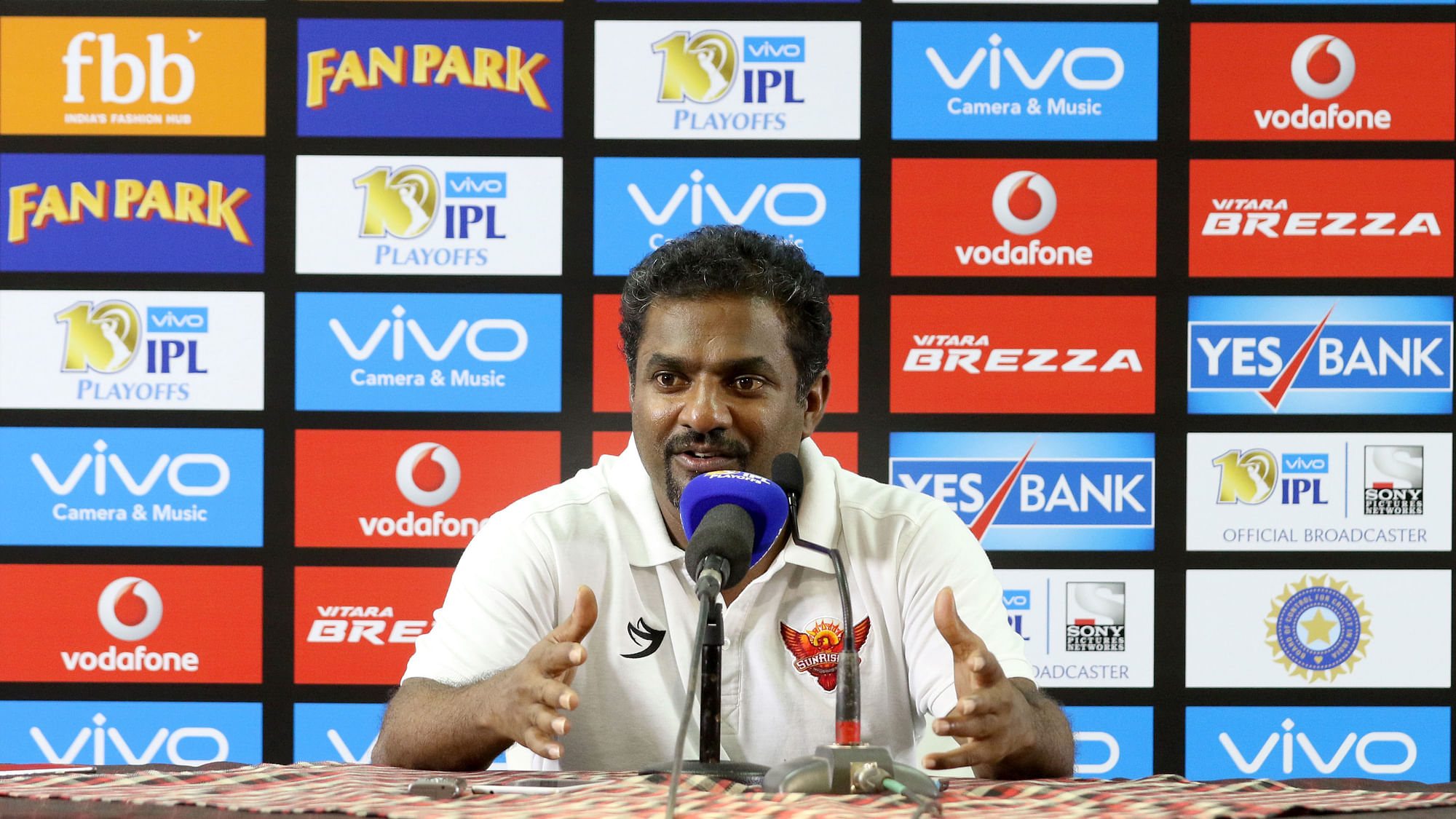 SRH bowling coach Muttiah Muralitharan at the post-match press conference. (Photo: BCCI)