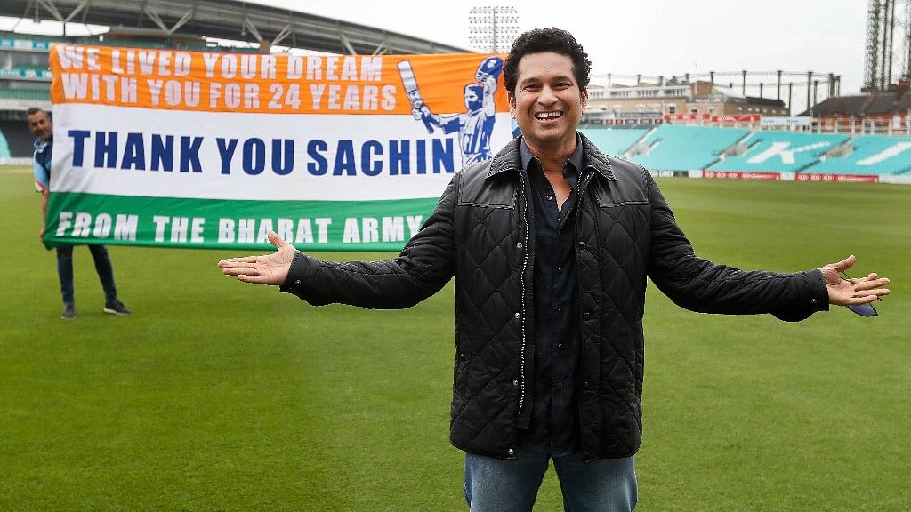 

Sachin Tendulkar poses for a photograph on the pitch at the Oval cricket ground in London. (Photo: AP)