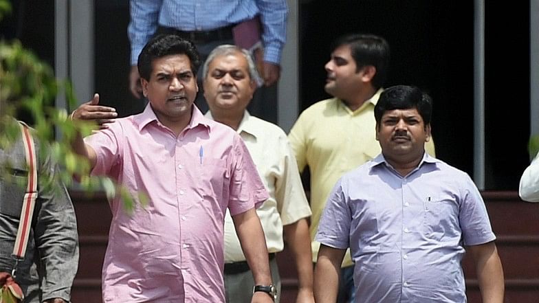 Kapil Mishra, after submitting a report against Delhi CM Kejriwal and Health Minister Satyender Jain to ACB, in New Delhi on Monday. (Photo: PTI)