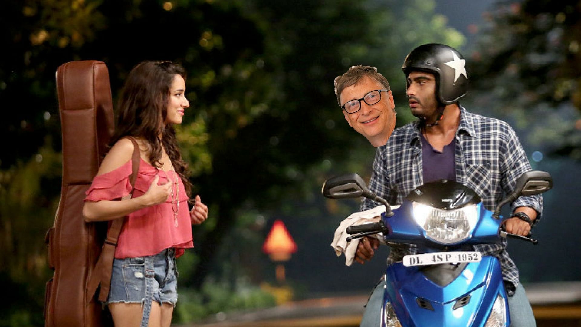 Shraddha Kapoor, Arjun Kapoor and Bill Gates in a scene from Mohit Suri’s <i>Half Girlfriend. </i>(Photo courtesy: Balaji Telefilms; altered by <b><i>The Quint</i></b>)