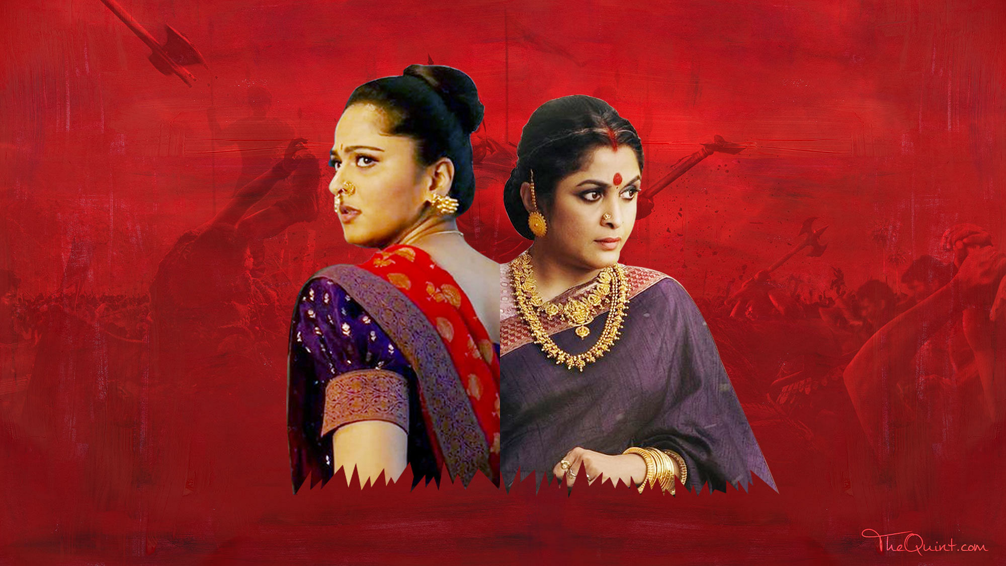 The two main women characters in <i>Baahubali 2</i>: Devasena played by Anushka Shetty (L) and Sivagami played by Ramya Krishnan (R). (Photo: Lijumol Joseph/<b>The Quint</b>)
