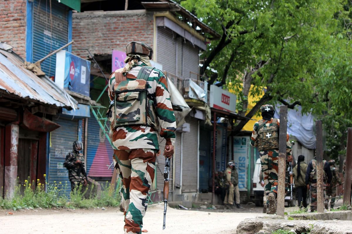 Scores of security forces were deployed in Shopian district of Kashmir for the anti-militancy crackdown.