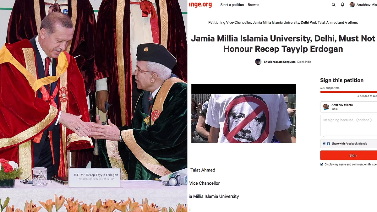 Turkish President Erdogan being felicitated at Jamia Millia Islamia on Monday and an online petition against the move (Photo: Altered by <b>The Quint</b>)