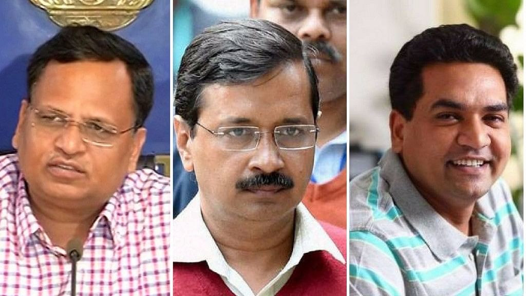 From Left: Satyendar Jain, Arvind Kejriwal and Kapil Mishra. (Photo: Altered by <b>The Quint</b>)&nbsp;