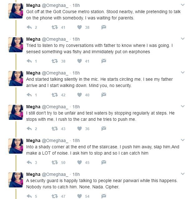 

In a Twitter thread, Megha narrated how she was followed & physically tackled by a man at a Delhi metro station. 