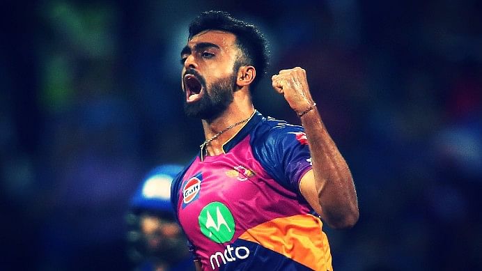 Rising Pune Supergiant’s Jaydev Unadkat celebrates after taking a wicket.&nbsp;