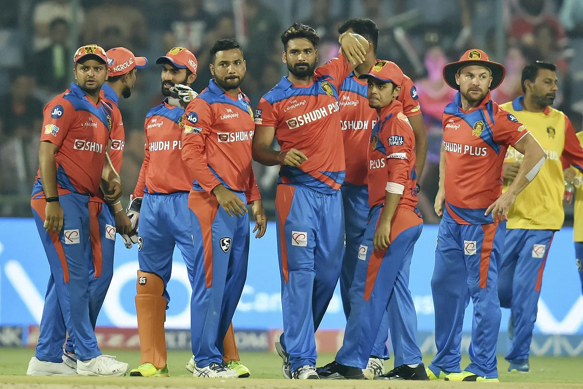 Gujarat Lions players celebrate a wicket in the match against Delhi. (Photo: PTI)