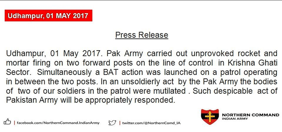 A statement by the Northern Command said that the bodies of two of the soldiers were mutilated.