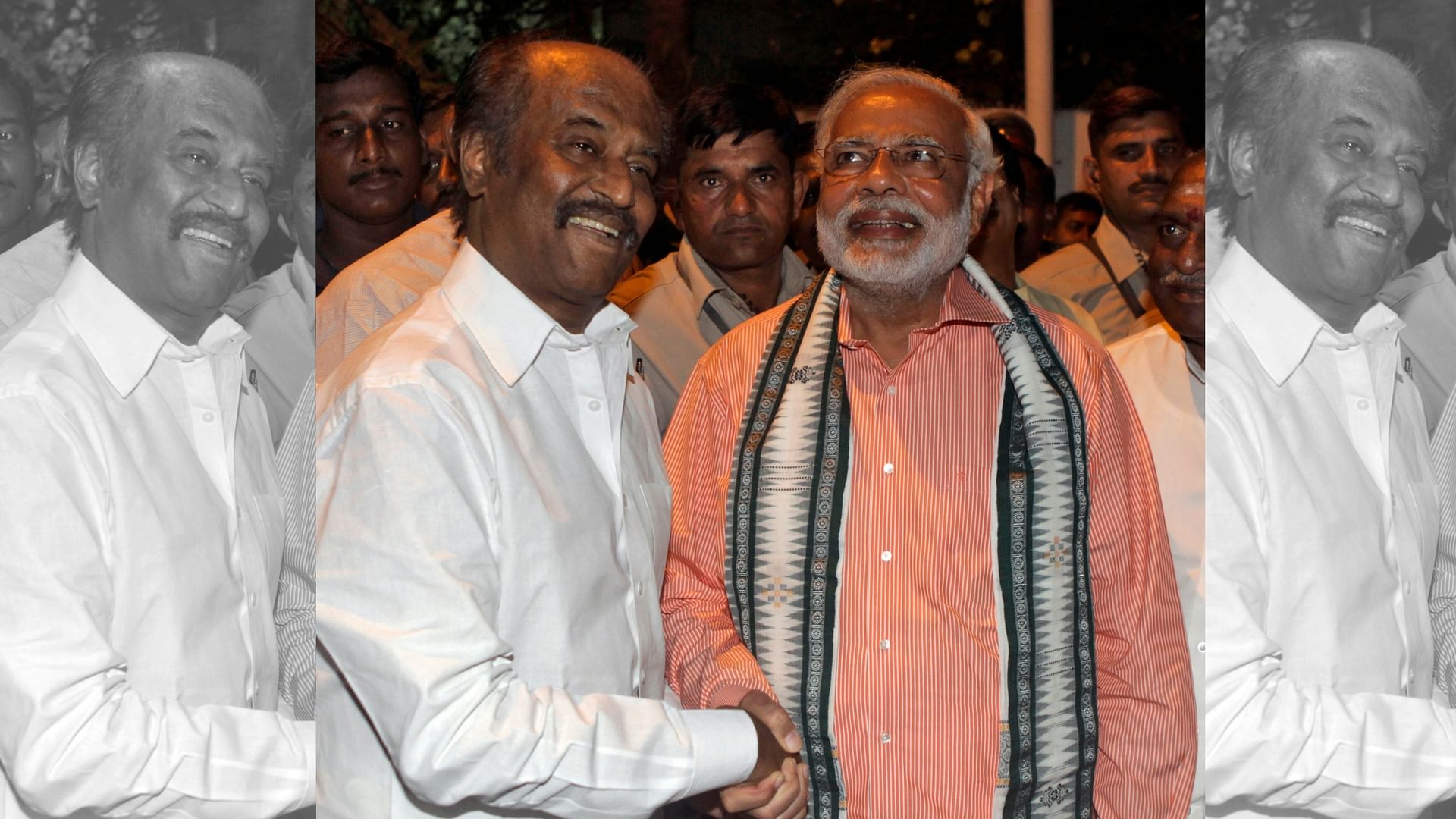 Rajinikanth shaking hands with PM Narendra Modi in April 2014 when he was the prime ministerial candidate before addressing an election campaign rally in Chennai. (Photo: Reuters)