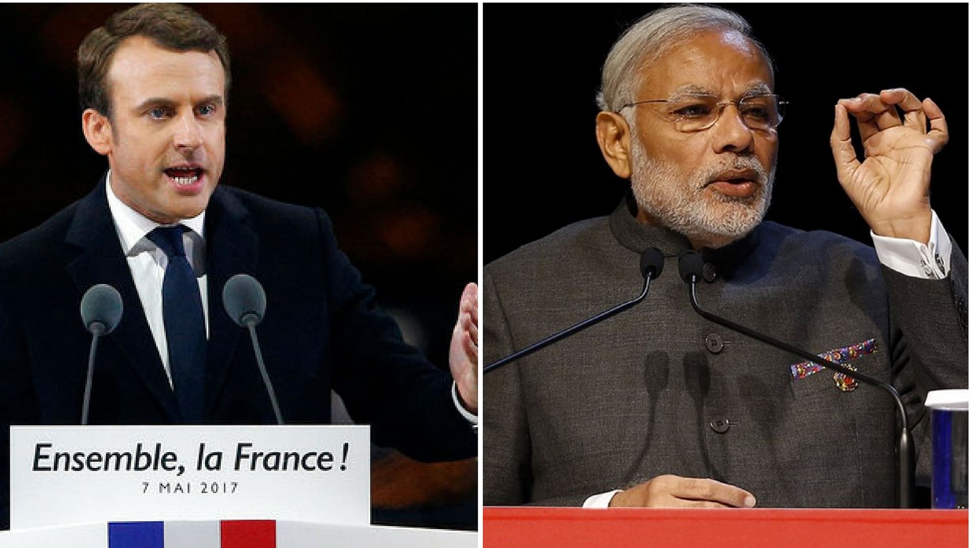 Emmanuel Macron was elected  President of France on Sunday and Narendra Modi was became Prime Minister in 2014. (Photo: Altered by <b>The Quint</b>)