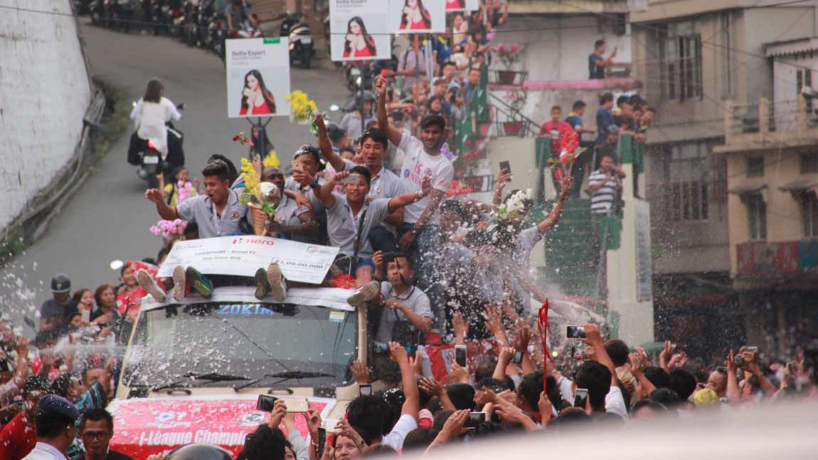 File photo of the Aizawl FC players celebrating their i-league victory. (Photo:&nbsp;Lal Zarzova)