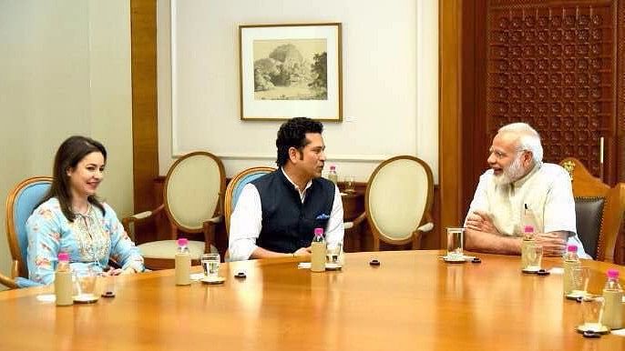 Sachin Tendulkar with his wife, Anjali meet Prime Minister Modi. (Photo courtesy: Twitter)