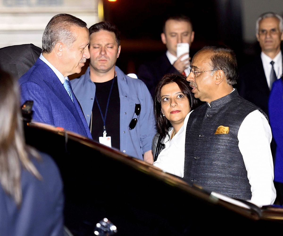 Turkish President Tayyip Erdogan, who last visited India in 2008, will depart shortly before midnight on Monday.