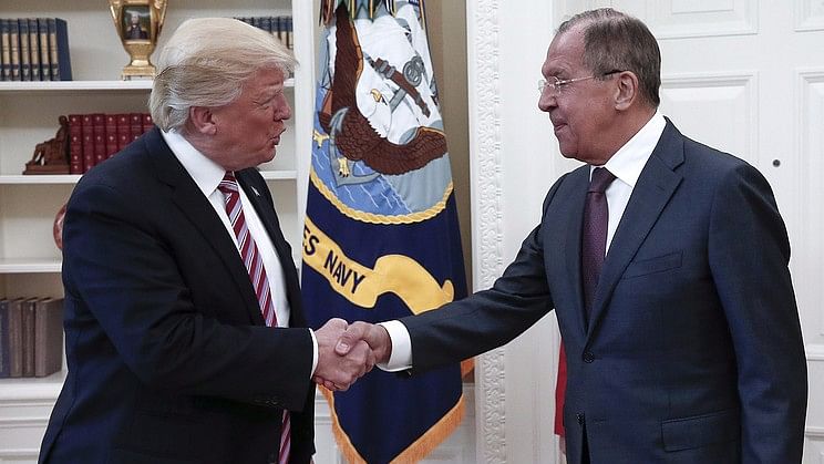 US President Donald Trump and Russian Foreign Minister Sergey Lavrov at their meeting on 10 May. (Photo Courtesy: <a href="http://tass.com/politics/945302">Tass</a>)