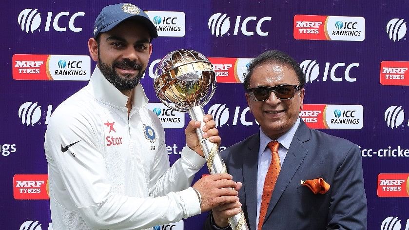 Sunil Gavaskar presents the ICC Test Mace to Virat Kohli.&nbsp;