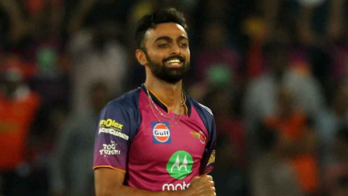 Jaydev Unadkat celebrates after taking a wicket in the match against Sunrisers Hyderabad.&nbsp;