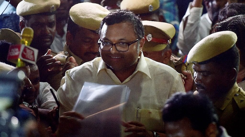 File photo of Karti P Chidambaram addressing a media after CBI sleuths searched his office premises in Chennai.