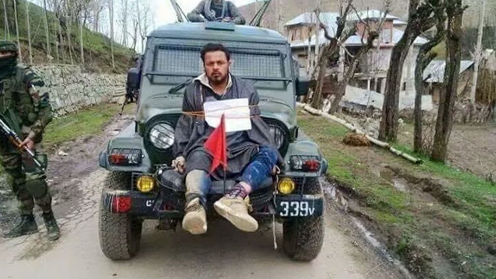 36-year-old Farooq Dar was tied to a jeep allegedly as a human shield against stone-pelters during polling in the Srinagar Lok Sabha by-election. (Photo Courtesy: <a href="https://twitter.com/icashmir/media">Twitter/@icakashmir</a>)