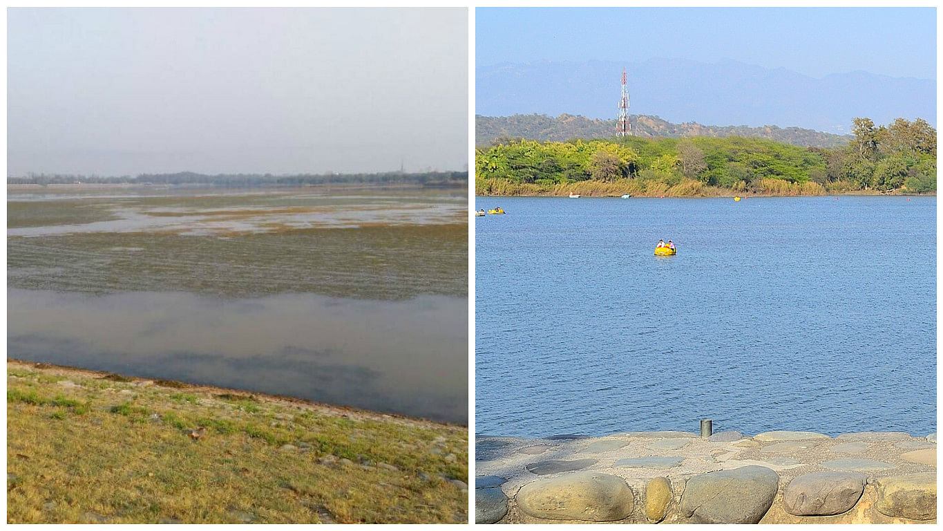 Sukhna lake at present (left); Sukhna lake in March 2016 (right). (Photo Courtesy: WIkimedia Commons/Twitter: <a href="https://twitter.com/Rishab_rally">@Rishab_rally</a>)