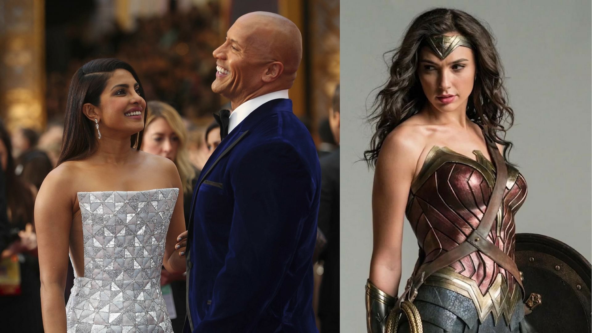 Priyanka Chopra with Dwayne Johnson; Gal Gadot as Wonder Woman. (Photos: Reuters / Twitter)