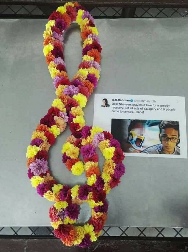 A garland reconstructed as a musical note by T Nhaveen’s family and friends. (Photo Courtesy: Facebook/<a href="https://www.facebook.com/T-Nhaveen-274493906356753/">T Nhaveen</a>)