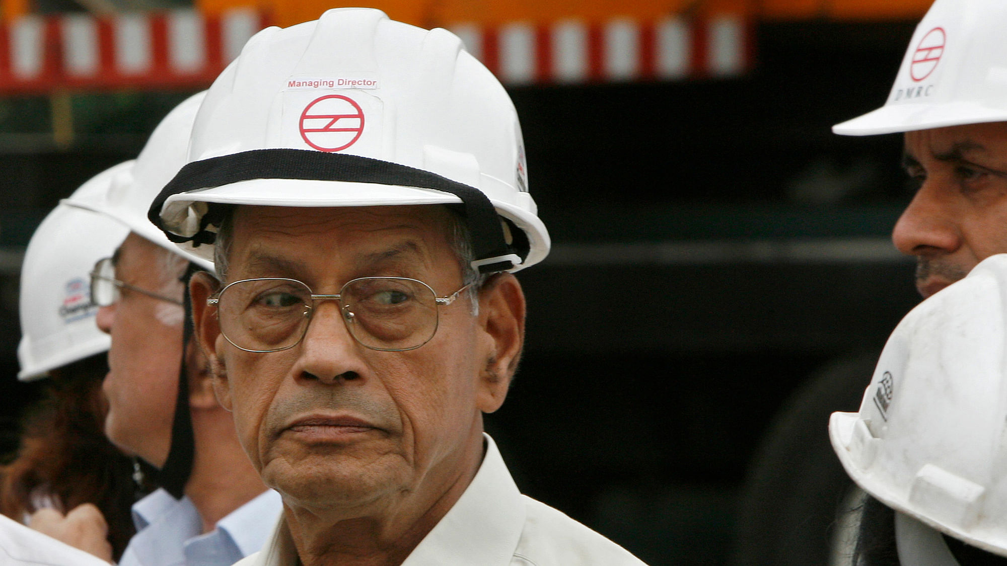 Sreedharan reacts during his visit at the site of a DMRC flyover that collapsed in 2009.&nbsp;