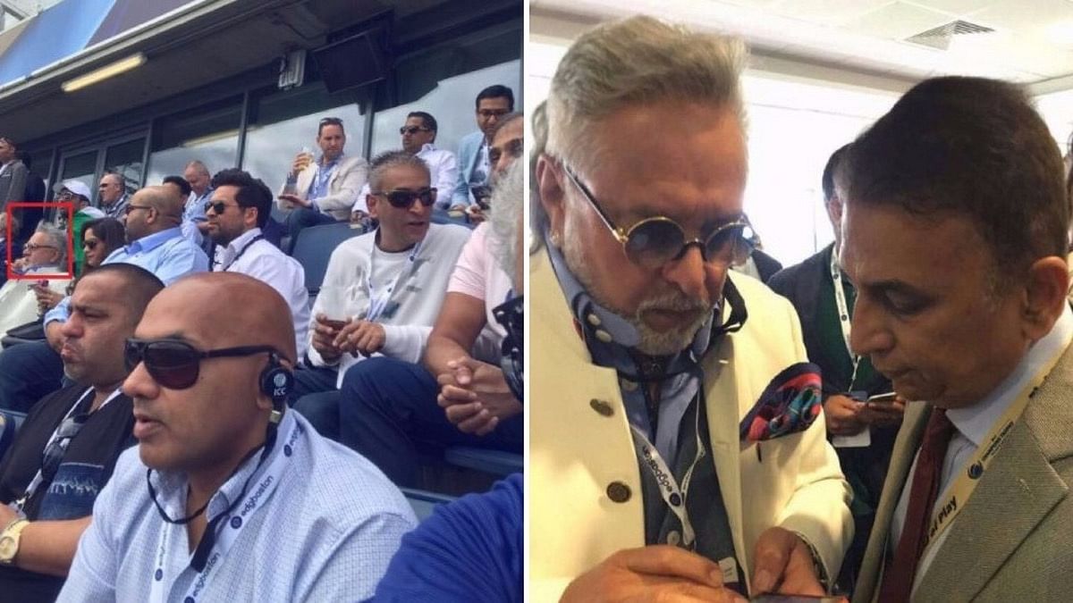 Vijay Mallya spotted at the Indo-Pak match on Sunday; Mallya with Sunil Gavaskar (right). (Photo Courtesy: Twitter Screenshot /Altered by <b>The Quint</b>)
