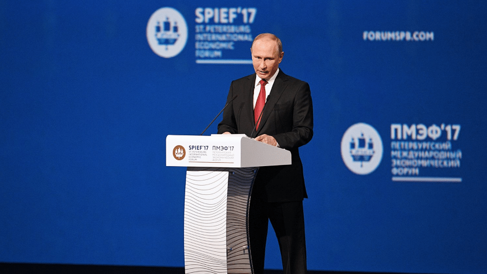 Russian President Vladimir Putin addressing the International Economic Forum in St Petersburg in Russia. (Photo Courtesy: Twitter/<a href="https://twitter.com/KremlinRussia_E/status/870647857149353984">@KremlinRussia</a>)