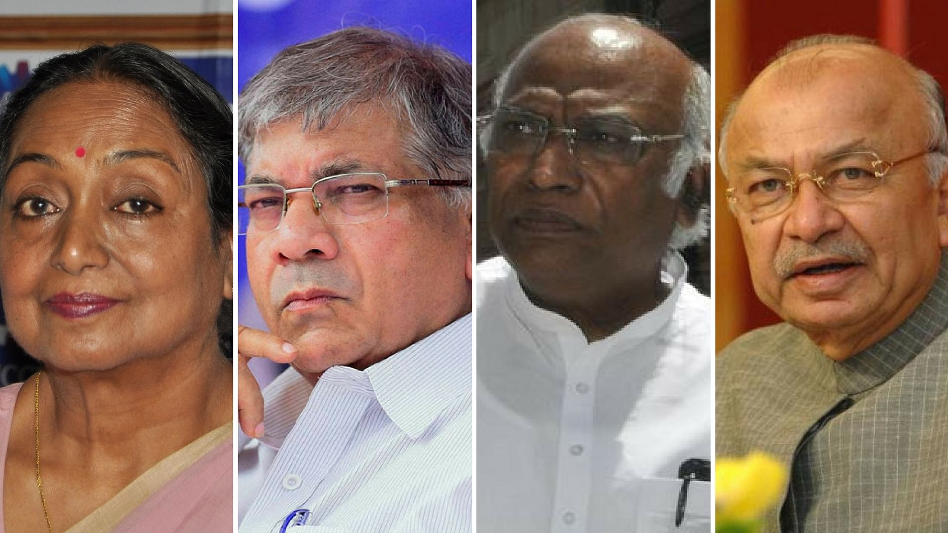 L-R: Meira Kumar, Prakash Ambedkar, Mallikarjun Kharge, Sushil Kumar Shinde. (Photo: <b>The Quint</b>)