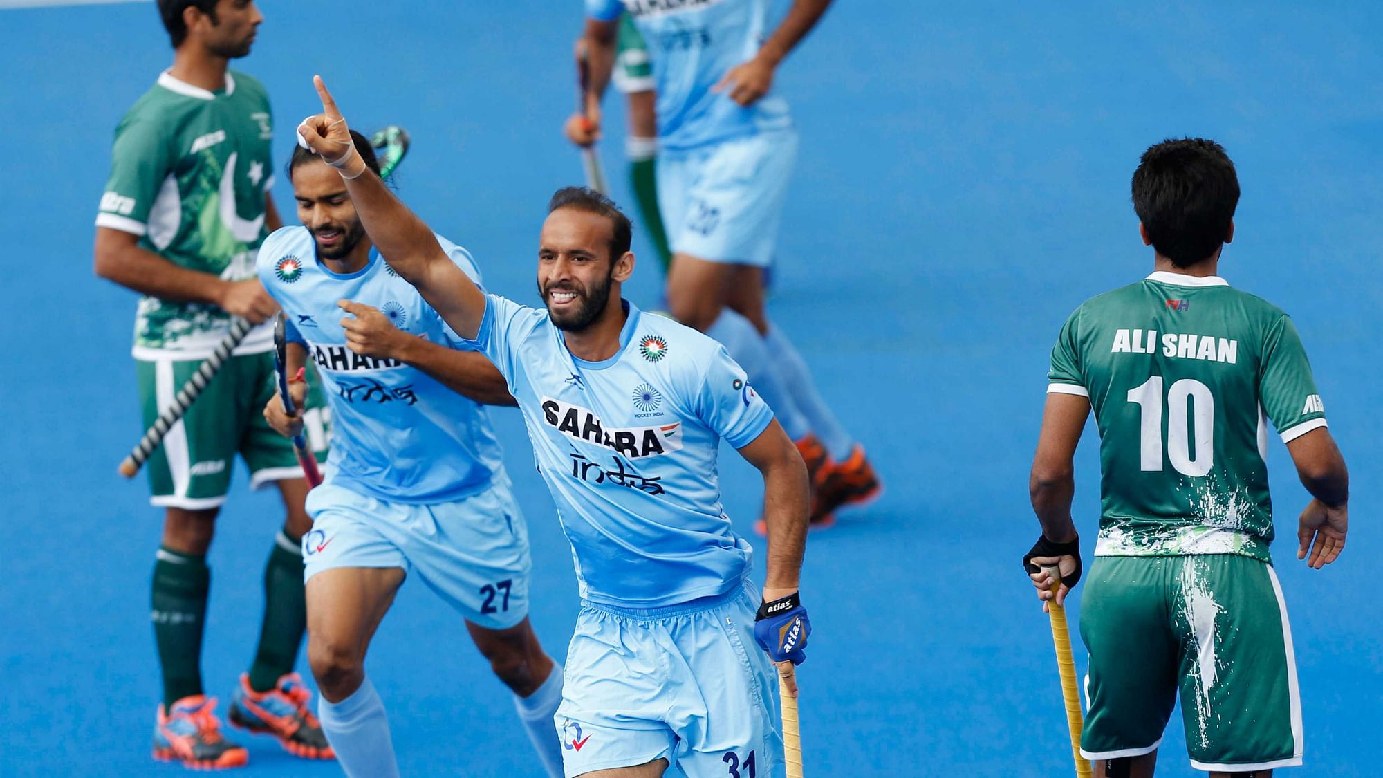 India’s Ramandeep Singh celebrates scoring their first goal during the Men’s World Hockey League match. (Photo: AP)