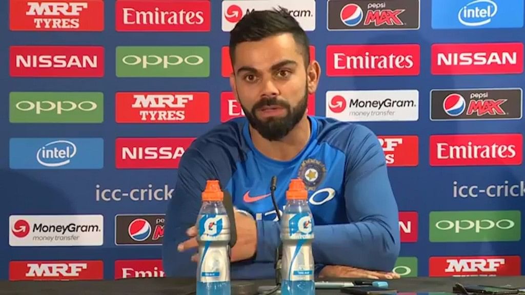 Virat Kohli speaks to the media after India beat Pakistan by 124 runs in the ICC Champions Trophy in Birmingham on Sunday. (Photo Courtesy: <a href="https://www.facebook.com/icc/">Facebook/@ICC</a>)