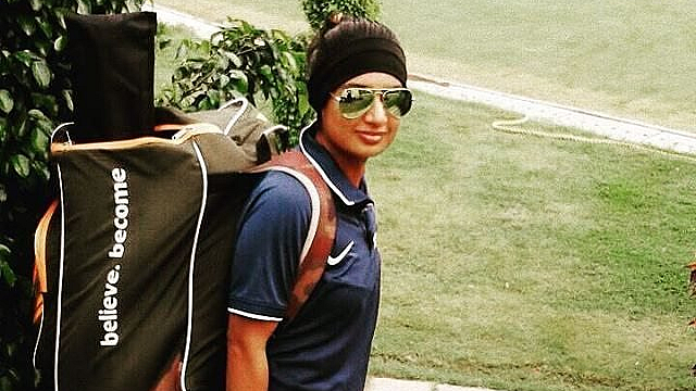 Mithali posing for a picture before a net session.