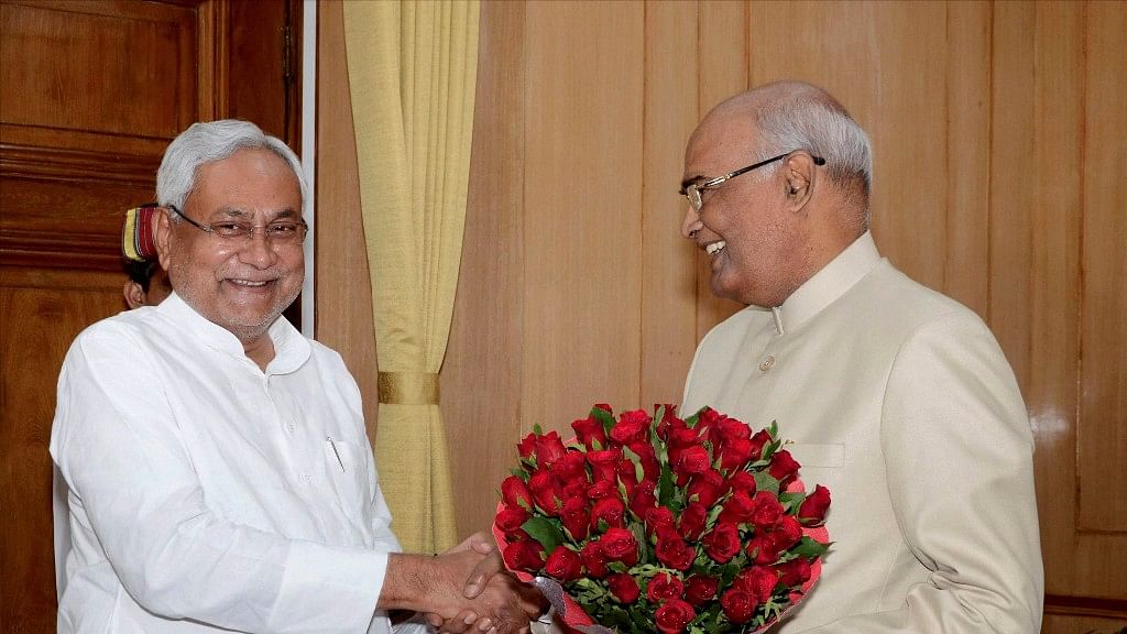 Bihar CM Nitish Kumar greets BJP’s Presidential Nominee and Bihar Governor Ram Nath Kovind.