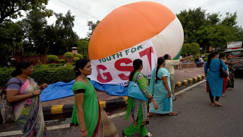 A hot air balloon with a message in support of GST is readied, ahead of the launch event at midnight in New Delhi.